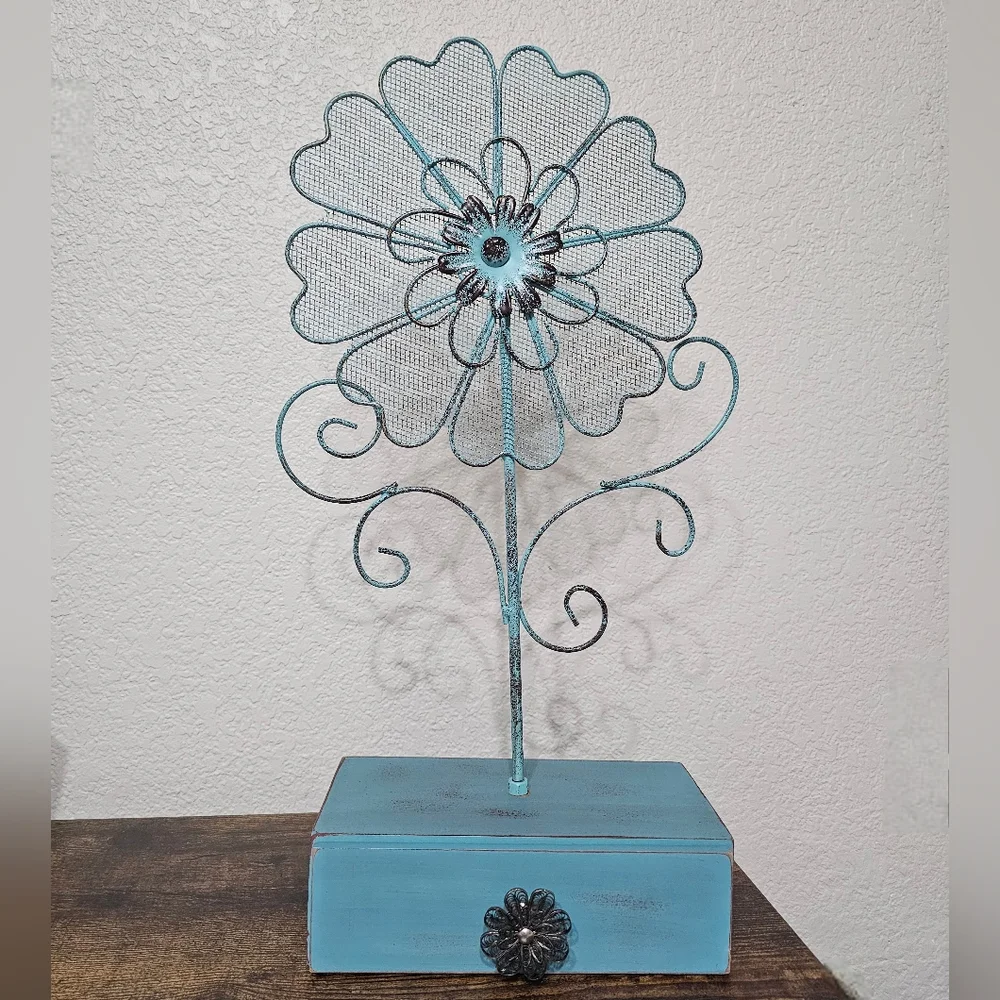 Blue Metal Flower Jewelry Holder on Wooden Stand with Drawer